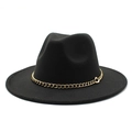 Classic black wool fedora hat with wide brim and decorative golden metal chain accent - 58cm One Size / Black