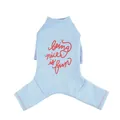 Light blue dog pajamas with red slogan print and ribbed collar for small pets - S / Denim Blue