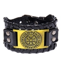 Vintage Wikinger-Kompass Lederarmband mit goldener Runen-Metallplatte und gewebten Details - Schwarzes Leder + Antikbronze