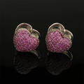 Silver tone heart earrings featuring pavé set pink purple zircon stones on black background - Heart / Silver Pink Purple Zircon