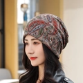 Women's brown bohemian floral beanie and neck warmer with soft vintage print - Standard / Khaki Paisley Cashmere-like