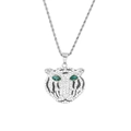 Hip hop zilveren leeuwenkop hanger met groene kristallen ogen aan gedraaide ketting - 60cm Ketting / Zilver