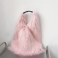 Pink faux fur tote bag with black handles in fluffy Y2K plush style for women - Sakura Pink