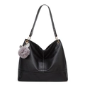 Sac fourre-tout minimaliste en cuir grainé noir avec un pendentif pompon gris doux - Noir