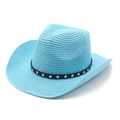 Detailed texture of blue straw cowboy hat with black studded band and curved brim - M (56-58cm) / Lake Blue