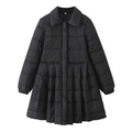 Women's quilted mid-length black parka with a stylish pleated flare hem and button front - XS / Black