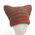 Striped knit cat ear beanie in red and green crochet design for winter fashion - M (56-58cm) / Dark Green Red