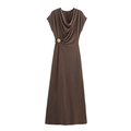 Elegant sleeveless brown maxi dress featuring a draped neckline and gold flower waist buckle - S / Dark Brown