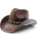 Brown woven cowboy hat with embroidered leather band and bull metal buckle on white background - M (56-58cm) / Coffee