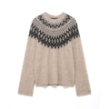 Jersey casual de punto de alpaca beige con patrón jacquard geométrico de estilo nórdico - S / Beige Avena Jacquard