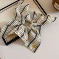 Blue and white striped hair scrunchie with long ribbons and heart metal charm - Scrunchie / Off-White Heart