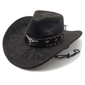 Dettaglio cappello da cowboy in scamosciato con testa di toro in metallo e pelle - M(56-58cm) / Nero