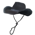Detail of black woven straw cowboy hat with wide brim and adjustable wind cord - Black