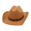 Classic light brown western cowboy hat with ethnic beaded leather band on white background - One Size / Camel (Coffee Leather Belt)