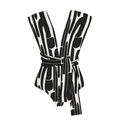 Elegante costume intero a righe bianche e nere con profondo scollo a V e cintura in vita - S / Nero