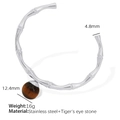 Silver stainless steel bamboo cuff bracelet with a round tiger eye stone pendant - SZ92 Adjustable Silver Bracelet with Tiger Eye