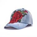 Blue denim baseball cap with red rose embroidery and silver metallic studs decoration - Rose Embroidery Stud (Light Blue)