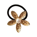 Minimalist gold flower hair tie with hammered petals and pearl accent on white backdrop - Pearl Flower (Hammered Gold with Pearl)