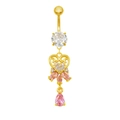 Macro detail of gold belly button ring with pink and white marquise cubic zirconia - Gold Base Pink Heart Set Style (24060702-7)