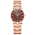 Fashion rose gold women watch with dark brown embossed leaf pattern dial and metal strap - Brown