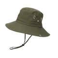 Detail of olive green hiking hat with metal eyelets and adjustable chin strap - One Size / Double Buckle Army Green