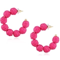 Detail of pink raffia beaded hoop earrings with gold metal studs on a white background - Raffia Woven Ball Hoop Style(#7)