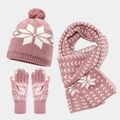 Pink winter knit set with snowflake patterns including hat, scarf, and warm gloves - Full Finger Gloves Style / Lotus root pink