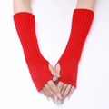 Classic red ribbed knit fingerless long gloves with thumb hole for women and men - Red
