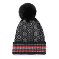 Winter knit beanie with geometric pattern and large faux fur pompom in black and grey - M (56-58cm) / Black
