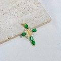 Golden cross pendant with green emerald gemstone and micro-set cubic zirconia crystals - Green