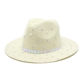 Detail of cream straw fedora hat with pearls, rhinestones and iridescent sequin band - M (56-58cm) / Cream