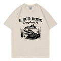 Beige cotton t-shirt featuring Alligator Alcatraz print in a vintage casual style - Beige