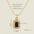 18K gold plated stainless steel necklace with black gemstone and zircon rectangle pendant - Square / Black