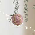 Sparkling pink 8cm Christmas ball ornament with white wavy lines and silver hanging loop - Pink Foam Ball Style E