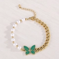 Vintage gold chain and pearl bracelet featuring a green butterfly pendant and zircons - Pearl Spliced Green Butterfly Style (KB168620-HM)