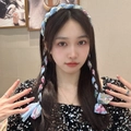 Front view of floral chiffon headband with pearls and long ribbons for hair styling - Blue