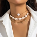 Three-layer gold necklace set with shell pendant and layered bead chains for beach vacation - Gold (4225)