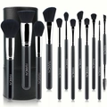 12pcs professional makeup brush set with black soft bristles and leather storage case - Black Bristles Black Storage Barrel