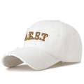 White washed cotton baseball cap with distressed details and gold BST embroidery - White