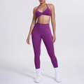 Set yoga viola due pezzi con reggiseno sportivo allacciato al collo e leggings a vita alta - Viola Prugna