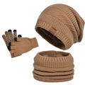 Three-piece camel knit beanie hat set with fleece-lined neck gaiter and touchscreen gloves - 3-Piece Set (Hat+Scarf+Gloves) / Khaki