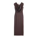 Ärmelloses braunes figurbetontes Kleid mit goldener Rose am Hals und Raffungen - S / Kaffeebraun