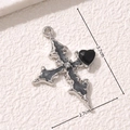 Detailed view of a silver gothic cross pendant with a black heart and size dimensions - Gothic Cross Heart Style