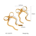 Detailed view of 18k gold stainless steel bow earrings with measurements and snake chain texture - Wide Snake Chain Bowknot Tassel (HC-E10273)