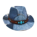 Cappello fedora per bambini in denim patchwork con cinturino in pelle e perline - Taglia Bambini / Azzurro