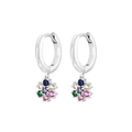 Detail of silver hoop earrings featuring a floral pendant with colorful zircon stones - Silver with Multicolor Gemstone Flower Drop Earring