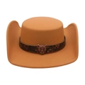 Vintage camel jazz fedora hat with leopard head metal buckle and ethnic textured band - One Size / Camel With Leopard Head Belt