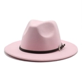 Pink wool fedora hat with a flat wide brim and brown leather belt buckle for women - M (56-58cm) / Pink