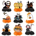 Set of 9 Halloween honeycomb table centerpieces with pumpkin, ghost, and witch designs - Halloween Honeycomb Centerpieces Style C