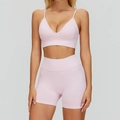 Ensemble de yoga rose clair sans couture avec brassière en V et short de sport côtelé - S / Haut Et Bas / Ensemble deux pièces / Rose Sakura